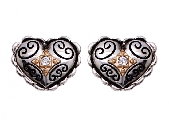 Two Tone Filigree Crystal Heart Post Earring