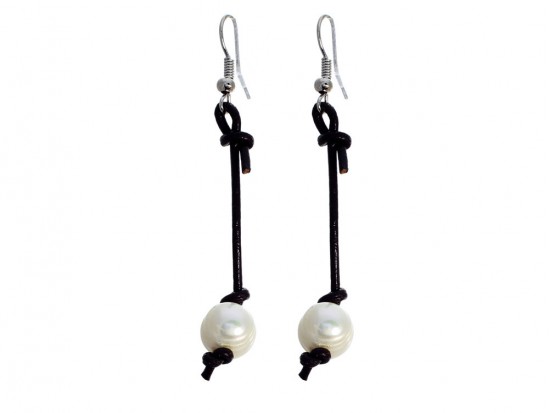 Pearl Leather Cording Knot Hook Earrings