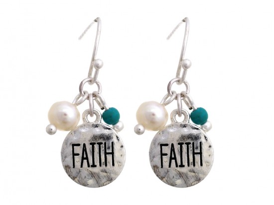 Silver Faith Charm Hook Earrings