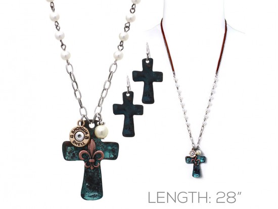 Patina Cross Gold Fleur De Lis Bullet Back Necklace Set