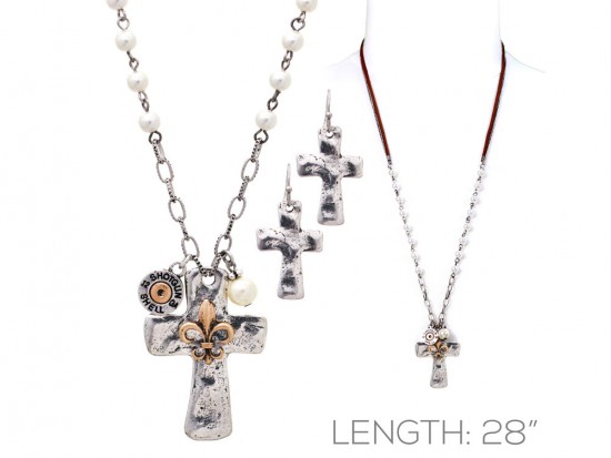 Silver Cross Gold Fleur De Lis Bullet Back Necklace Set