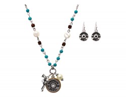 Silver Patina Pistol Bullet Back  Necklace Set