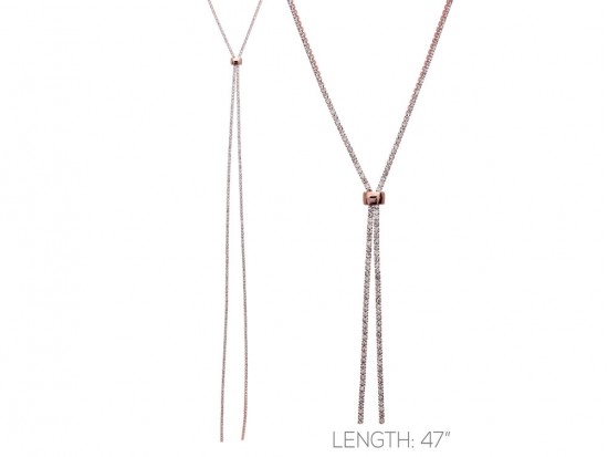 Rose Gold Clear Crystal Rope Chain Lanyard Necklace