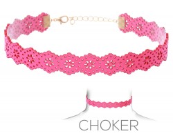 Hot Pink Flower Pattern Cut Leather Choker Necklace