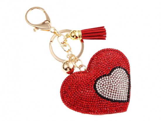 Red Double Heart Crystal Tassel Puffy Keychain