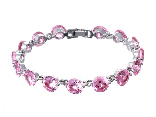 Pink Ice CZ Crystal Cabochon Silver Link Bracelet