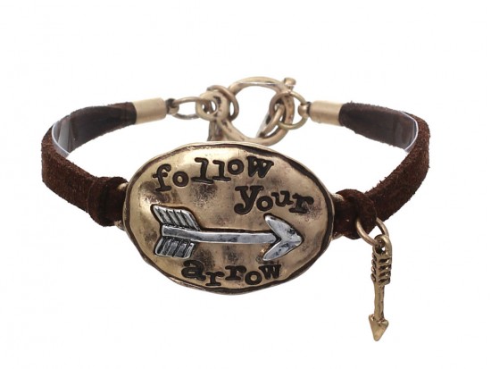 Gold Oval Follow Your Arrow Brown Leather Bracelet