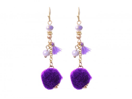 Purple Fur Pom Pom Tassel Earrings
