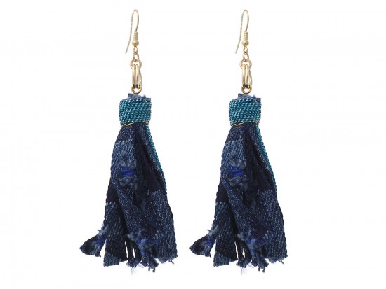 Blue Dark Denim Tassel Hook Earrings