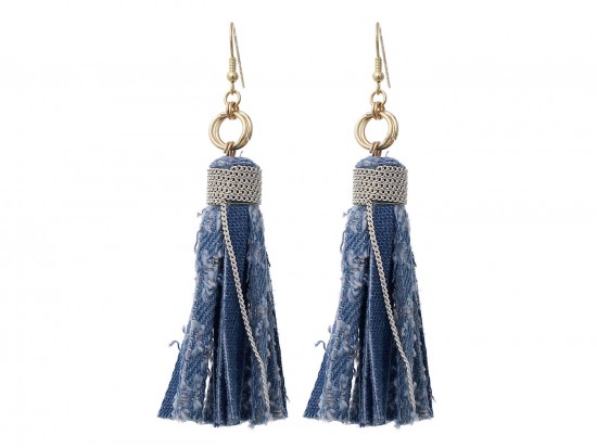 Blue Light Denim Tassel Hook Earrings