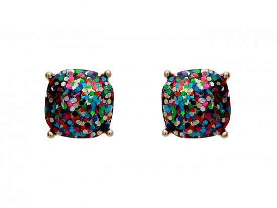 Dark Multi Glitter Gold Square Post Earrings