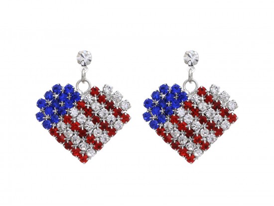 American Flag Crystal Heart Hook Earrings