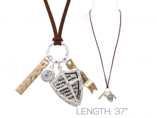 Silver Brown Leather Psalms 18:30 Shield Necklace