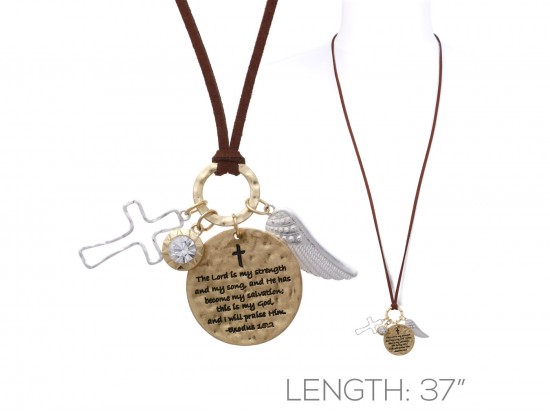 Gold Exodus 15:2 Wings Cross Brown Leather Necklace Gold Exodus 15:2 Wings Cross Brown Leather Necklace