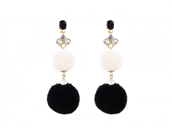 Black White Pom Pom Tier Crystal Post Earrings
