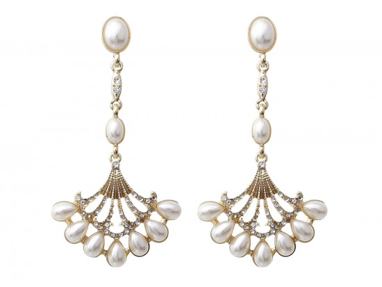 Gold Pearlized Teardrop Fan Dangle Post Earrings
