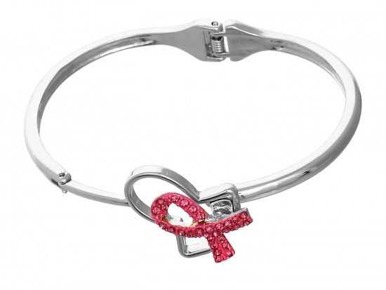 Silver Hinged Pink Cancer Ribbon Bracelet