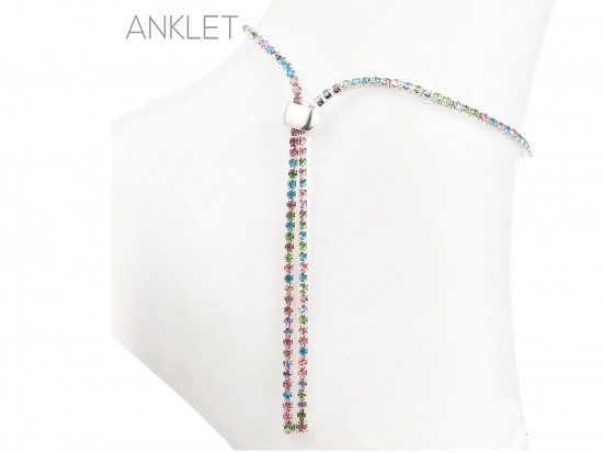 Silver 2mm Multi Crystal Adjustable Ankle Bracelet