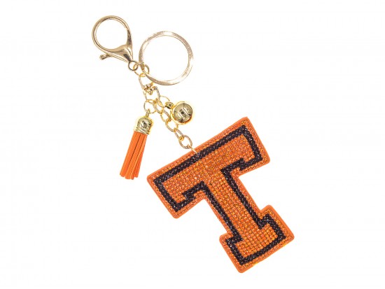 Orange T Crystal Puffy Tassel Key Chain
