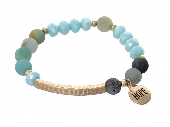 Green Stone Bead Gold Hope Bar Stretch Bracelet Green Stone Bead Gold Hope Bar Stretch Bracelet