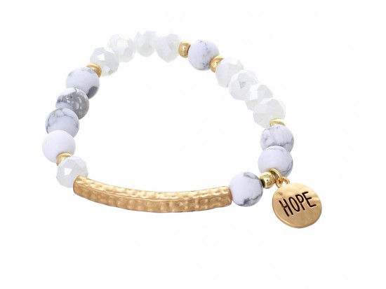 White Stone Bead Gold Hope Bar Stretch Bracelet White Stone Bead Gold Hope Bar Stretch Bracelet
