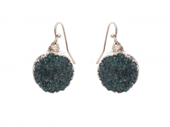 Green Druzy Stone Wire Wrap Hook Earrings