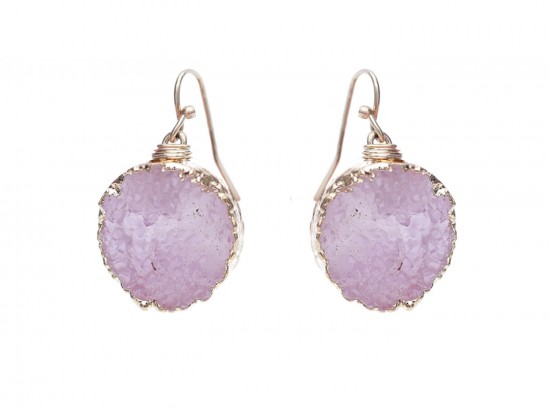 Pink Druzy Stone Wire Wrap Hook Earrings