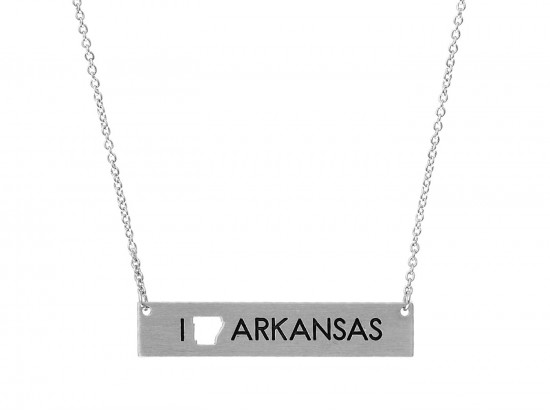 Silver Arkansas State Map Open Cut Bar Necklace