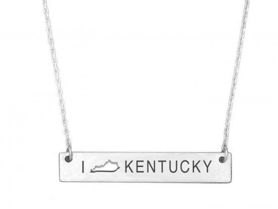 Silver Kentucky State Map Open Cut Bar Necklace