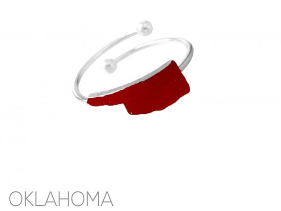 Red Oklahoma State Map Silver Wire Ring