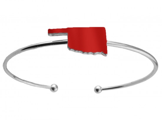 Red Oklahoma State Map Silver Wire Cuff Bracelet