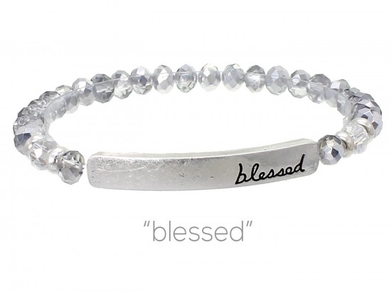 Silver Crystal Blessed Silver Bar Stretch Bracelet