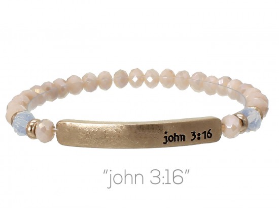 Light Peach Opal Crystal John 3:16 Gold Bar Stretch Bracelet