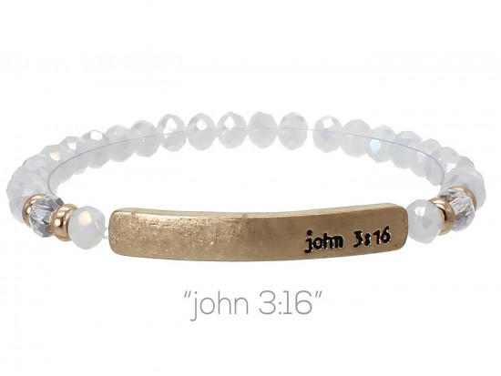 White Opal Crystal John 3:16 Gold Bar Stretch Bracelet
