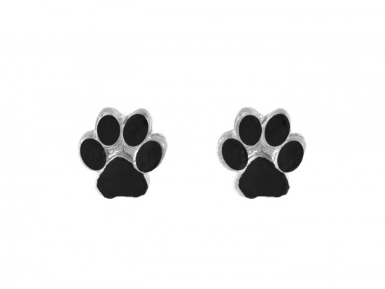Black Mini Paw Print Silver Post Earrings