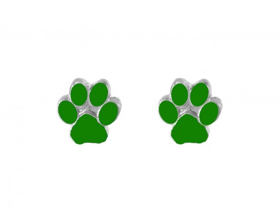 Green Mini Paw Print Silver Post Earrings