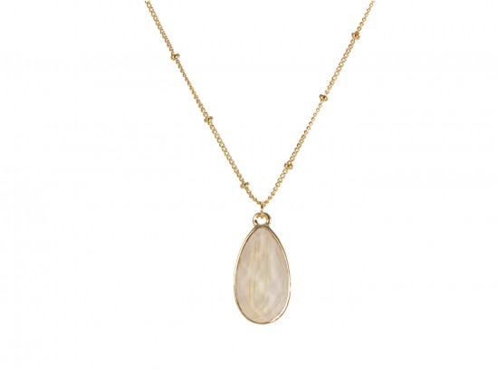 Beige Colored Stone Gold Brushed Teardrop Chain Necklace