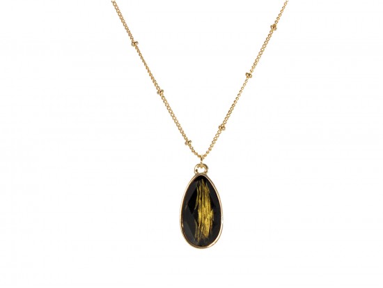 Black Colored Stone Gold Brushed Teardrop Chain Necklace