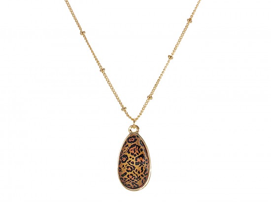 Brown Leopard Gold Brushed Teardrop Chain Necklace