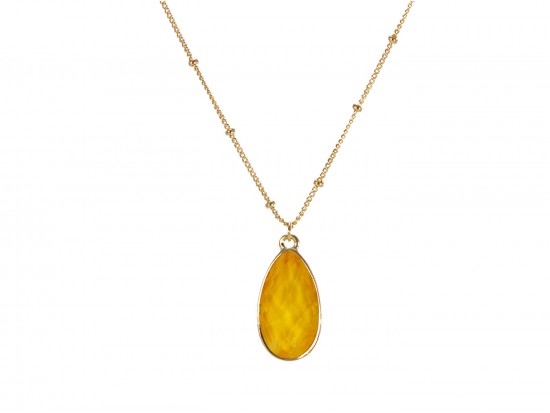 Yellow Colored Stone Gold Brushed Teardrop Chain Necklace