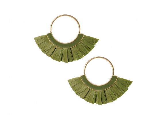 Green Raffia Tassel Hoop Post Earrings