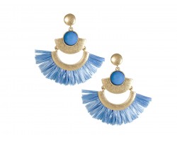 Light Blue Raffia Tassel Crescent Post Earrings