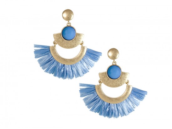 Light Blue Raffia Tassel Crescent Post Earrings