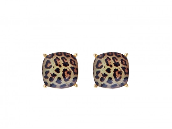 Brown Leopard Acrylic Cushion Shape Gold Post Earrings