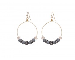 Gray Lava Stone Crystal Hook Gold Hoop Earring