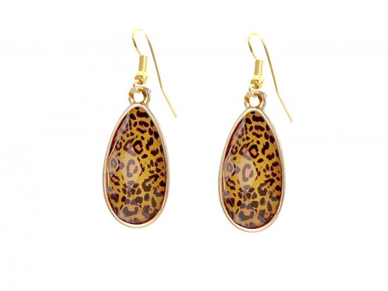 Brown Leopard Acrylic Teardrop  Gold Hook Earrings