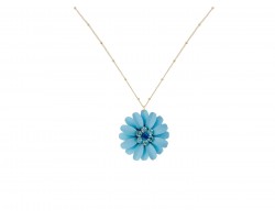Aqua Blue Crystal Daisy Flower Gold Necklace.