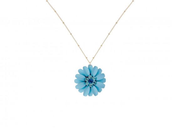 Aqua Blue Crystal Daisy Flower Gold Necklace.