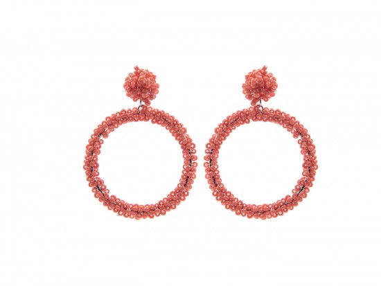 Coral Seed Bead Round Hoop Dangle Post Earrings