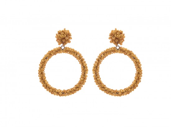 Mustard Yellow Seed Bead Round Hoop Dangle Post Earrings Mustard Yellow Seed Bead Round Hoop Dangle Post Earrings